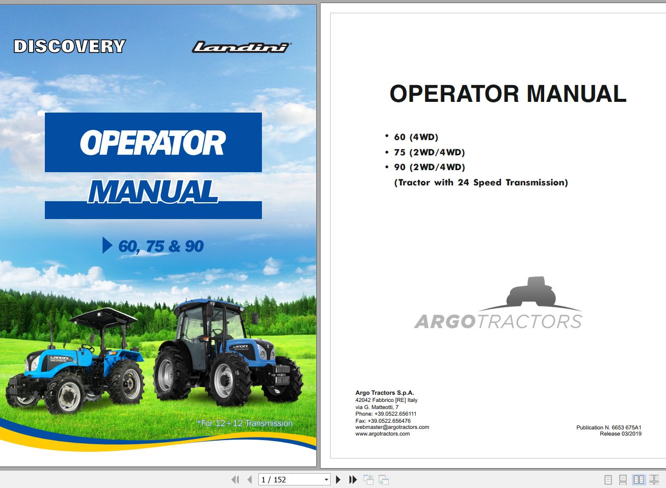 Landini Tractor 60 75 90 Operators Maintenance Manual 6653675A1 EN 1