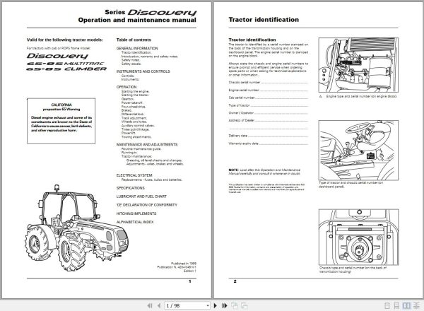 Landini Tractor 65 MULTITRAC to 85 CLIMBER Operators Maintenance Manual 4204048M1 EN 1