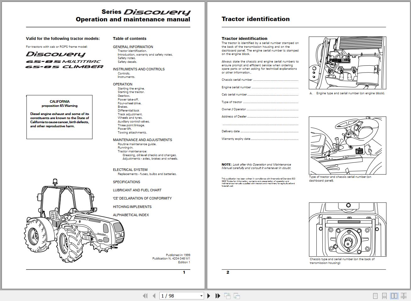 Landini Tractor 65 MULTITRAC to 85 CLIMBER Operators Maintenance Manual 4204048M1 EN 1