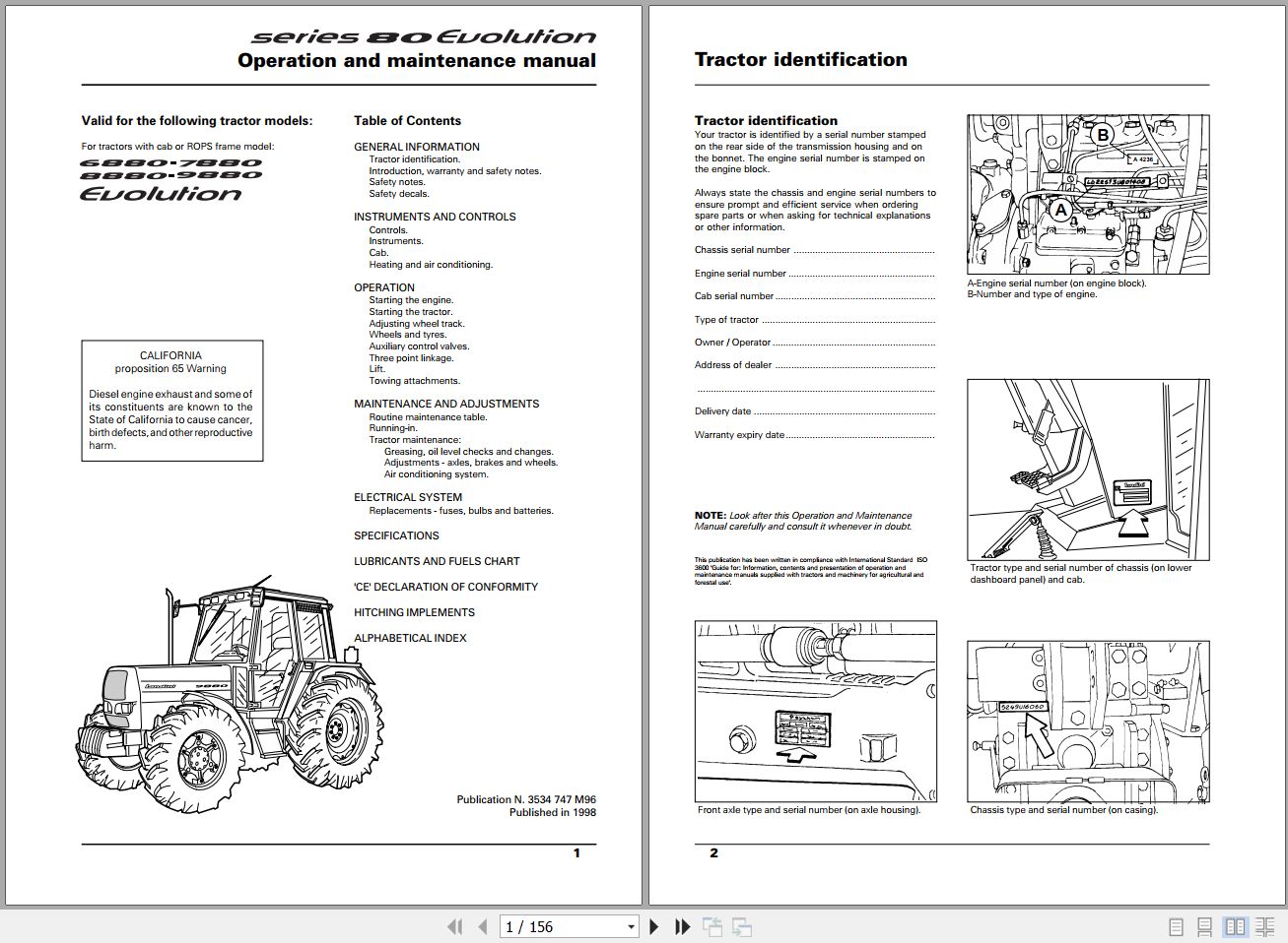 Landini Tractor 6880 7880 8880 9880 Operators Maintenance Manual 3534747M96 EN 1