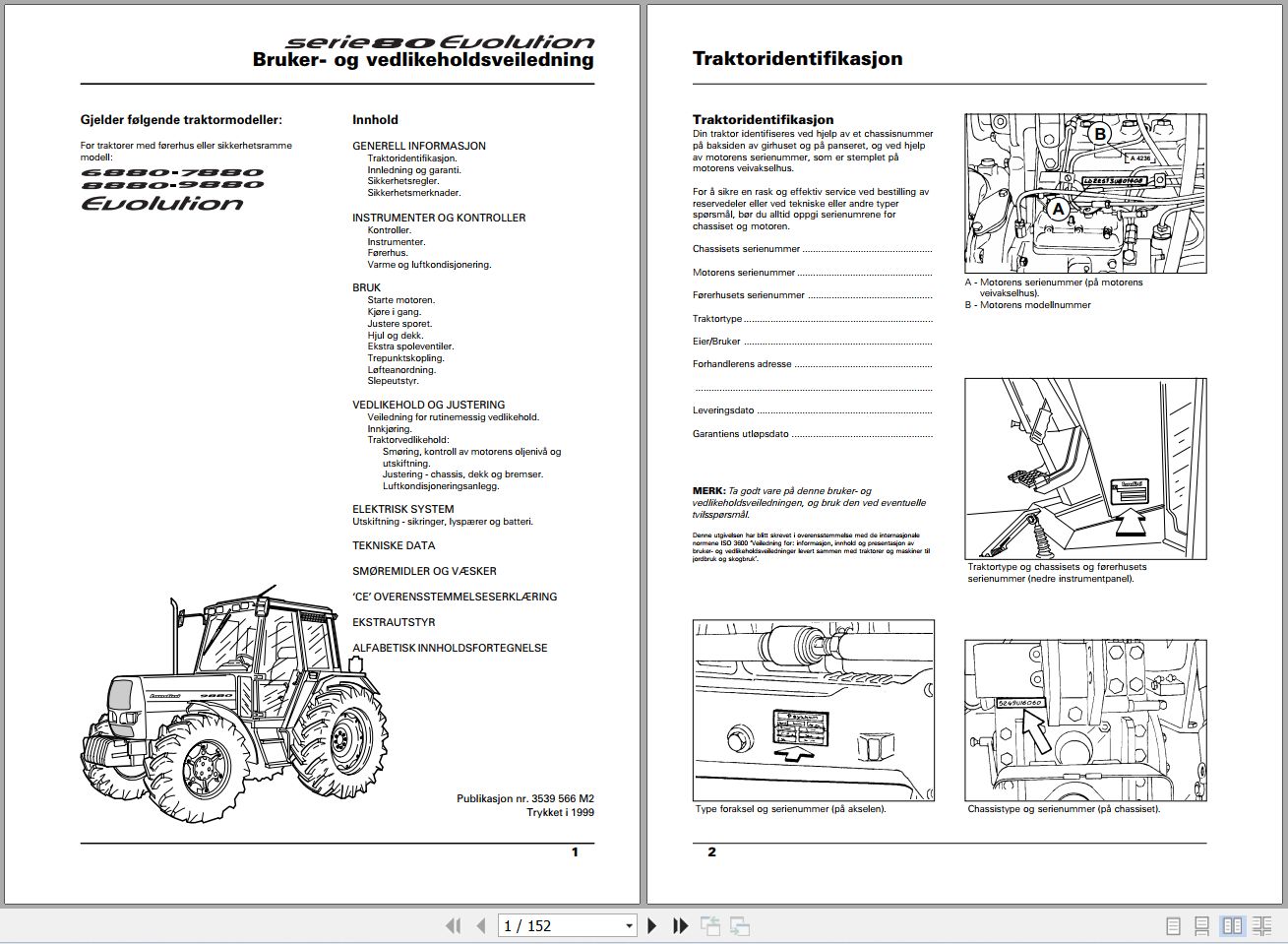 Landini Tractor 6880 9880 Evolution Operators Maintenance Manual 3539566M2 NO 1