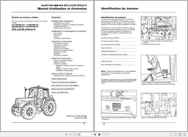 Landini Tractor 6880 to 9880 Evolution Operators Maintenance Manual 3534748M95 FR 1