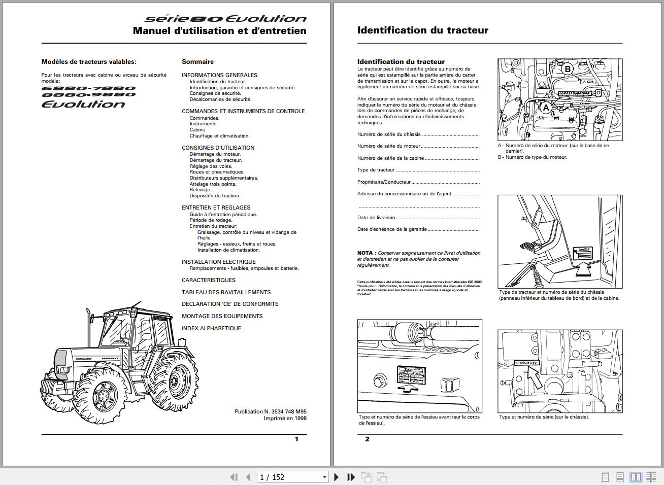 Landini Tractor 6880 to 9880 Evolution Operators Maintenance Manual 3534748M95 FR 1
