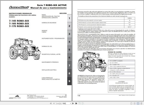 Landini Tractor 7 145 7 165 7 175 ROBO SIX Active Operators Maintenance Manual 6627404A2 ES 1