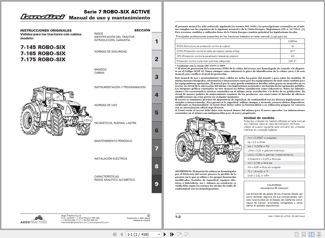 Landini Tractor 7 145 7 165 7 175 ROBO SIX Active Operators Maintenance Manual 6627404A2 ES 1
