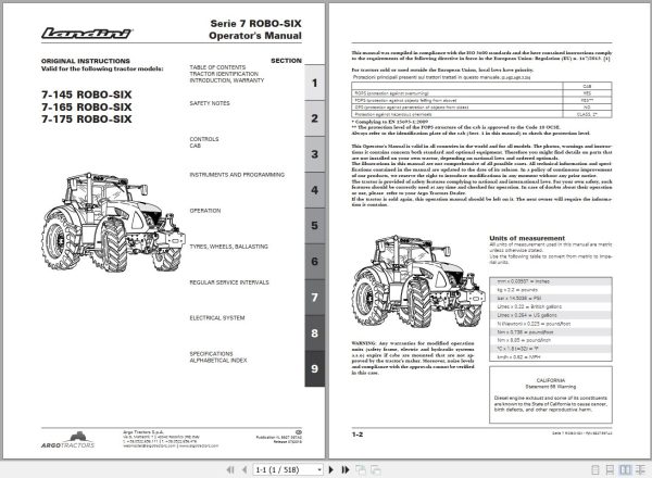 Landini Tractor 7 145 7 165 7 175 ROBO SIX Operators Maintenance Manual 6627397A2 EN 1