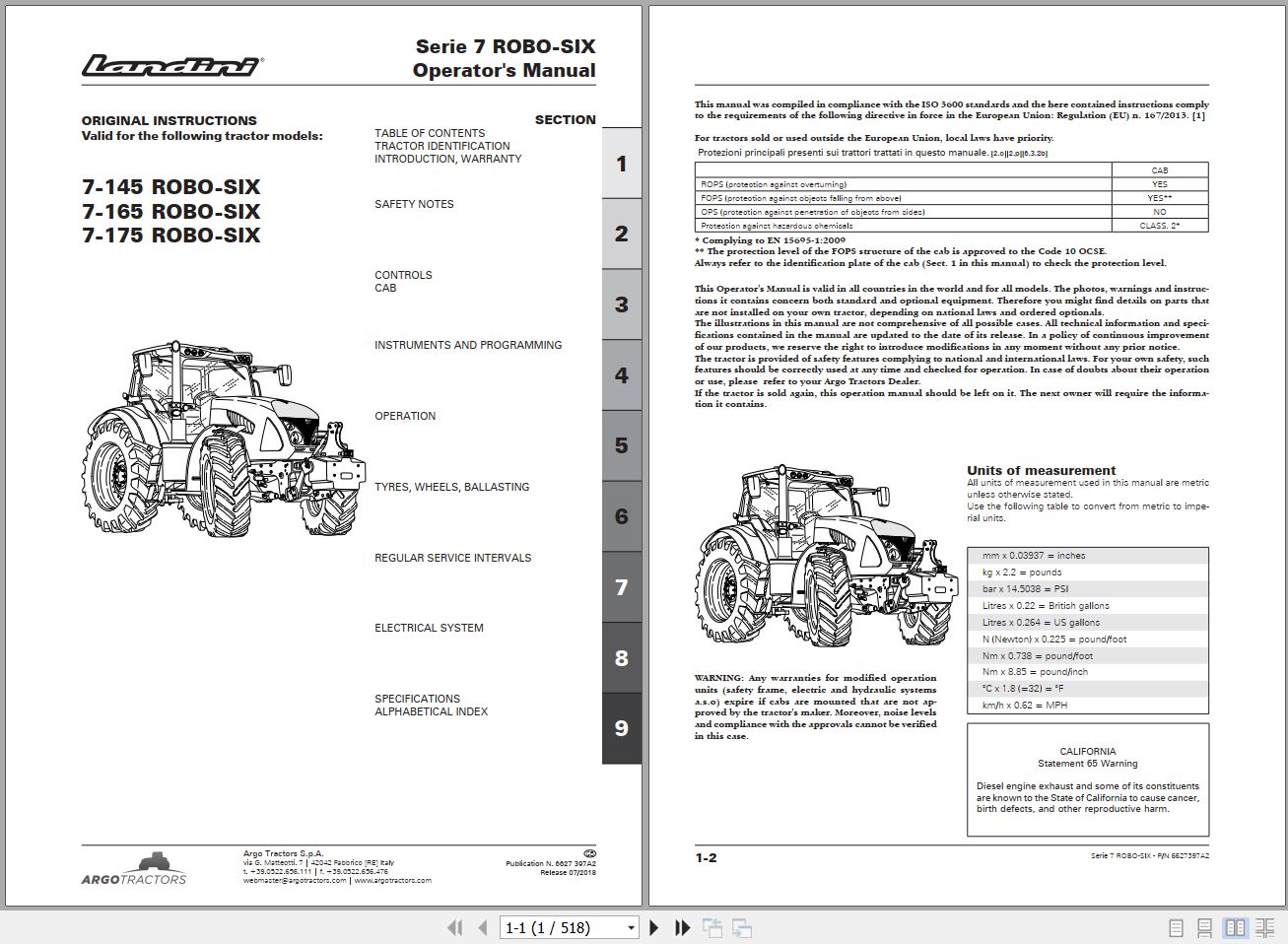 Landini Tractor 7 145 7 165 7 175 ROBO SIX Operators Maintenance Manual 6627397A2 EN 1