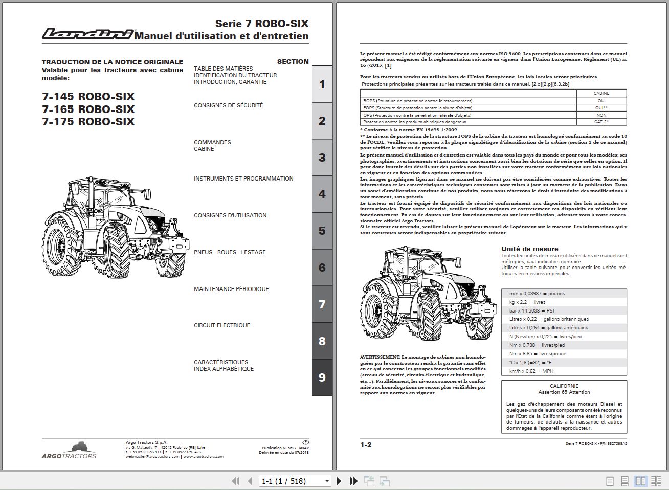 Landini Tractor 7 145 7 165 7 175 ROBO SIX Operators Maintenance Manual 6627398A2 FR 1