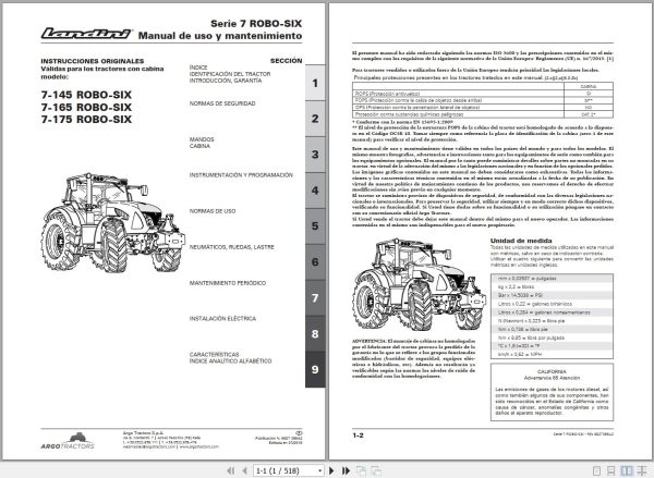 Landini Tractor 7 145 7 165 7 175 ROBO SIX Operators Maintenance Manual 6627399A2 ES 1
