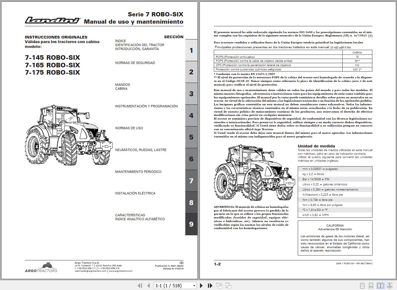 Landini Tractor 7 145 7 165 7 175 ROBO SIX Operators Maintenance Manual 6627399A2 ES 1