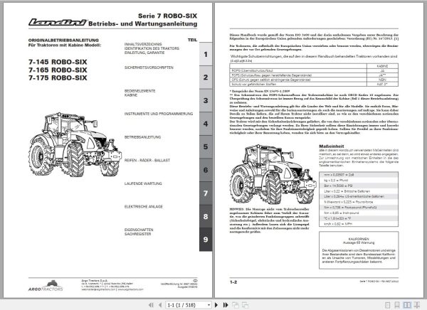 Landini Tractor 7 145 7 165 7 175 ROBO SIX Operators Maintenance Manual 6627400A2 DE 1