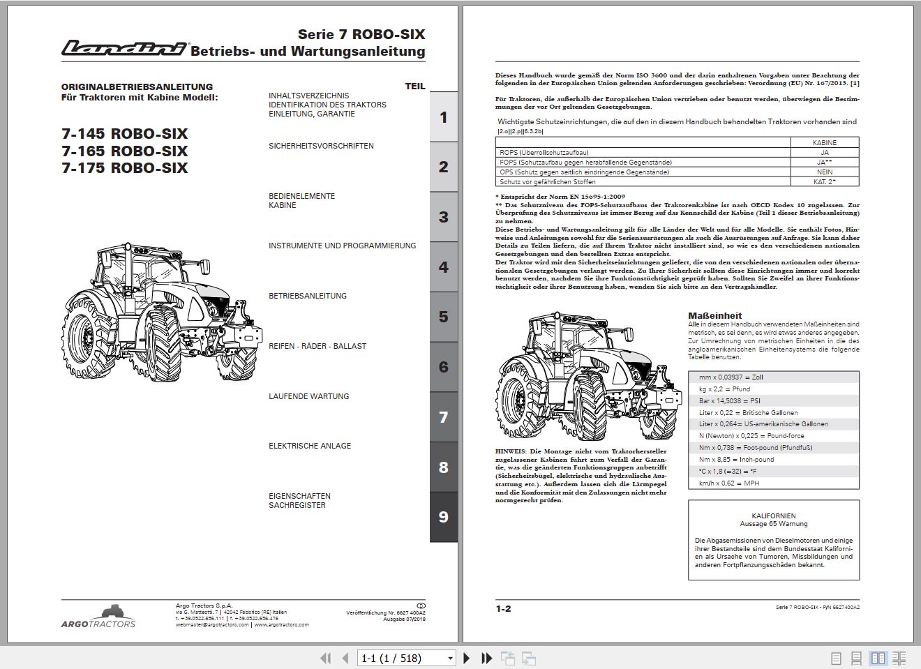 Landini Tractor 7 145 7 165 7 175 ROBO SIX Operators Maintenance Manual 6627400A2 DE 1