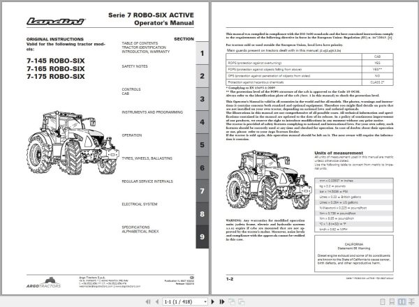 Landini Tractor 7 145 7 165 7 175 ROBO SIX Operators Maintenance Manual 6627402A2 EN 1