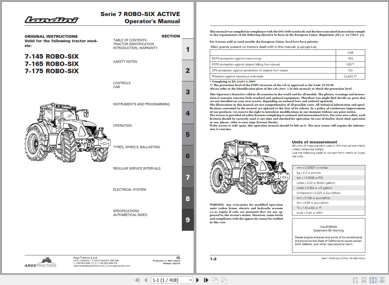 Landini Tractor 7 145 7 165 7 175 ROBO SIX Operators Maintenance Manual 6627402A2 EN 1