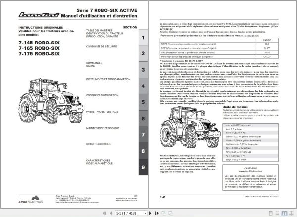 Landini Tractor 7 145 7 165 7 175 ROBO SIX Operators Maintenance Manual 6627403A2 FR 1
