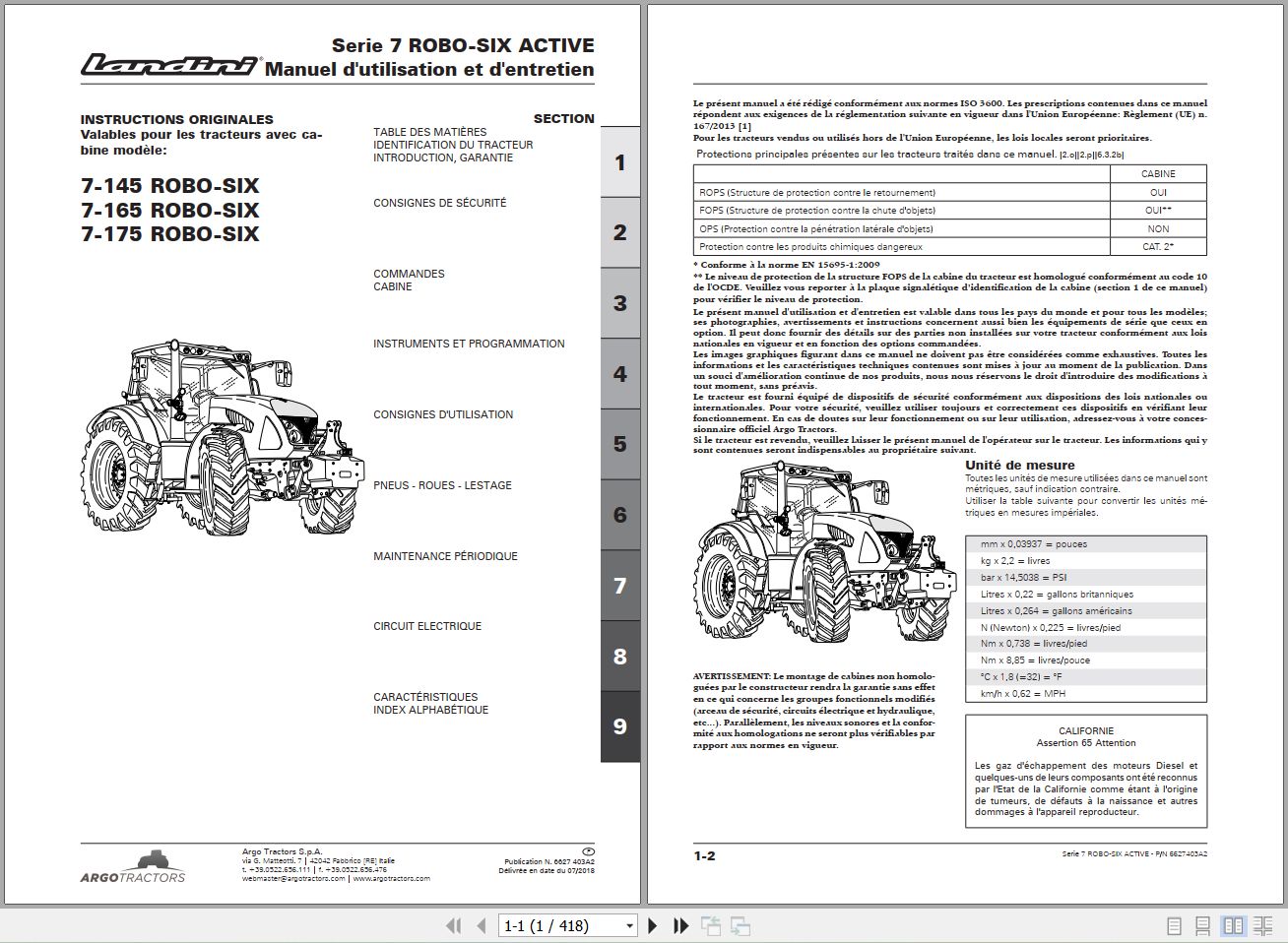 Landini Tractor 7 145 7 165 7 175 ROBO SIX Operators Maintenance Manual 6627403A2 FR 1