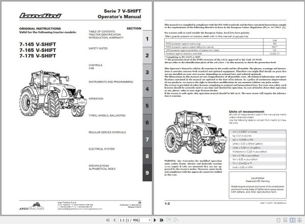 Landini Tractor 7 145 7 165 7 175 V SHIFT Operators Maintenance Manual 6629281A2 EN 1
