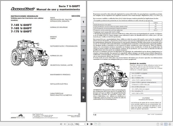 Landini Tractor 7 145 7 165 7 175 V SHIFT Operators Maintenance Manual 6629283A2 ES 1