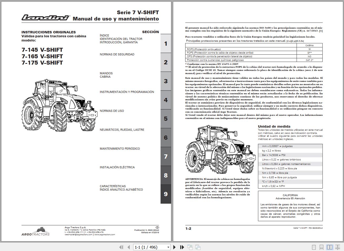 Landini Tractor 7 145 7 165 7 175 V SHIFT Operators Maintenance Manual 6629283A2 ES 1