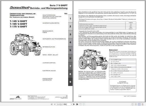 Landini Tractor 7 145 7 165 7 175 V SHIFT Operators Maintenance Manual 6629284A2 DE 1