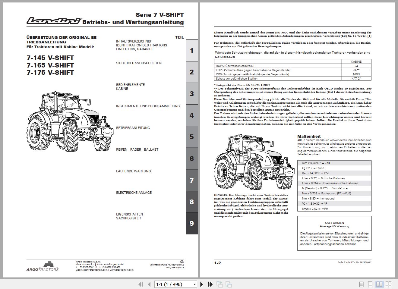 Landini Tractor 7 145 7 165 7 175 V SHIFT Operators Maintenance Manual 6629284A2 DE 1