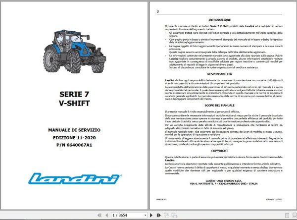Landini Tractor 7 145 7 165 7 175 V SHIFT Service Manual 6640067A1 IT 1