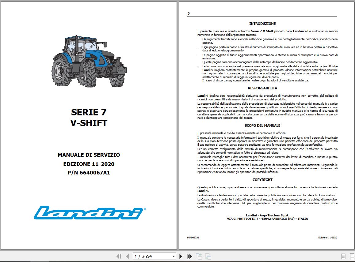Landini Tractor 7 145 7 165 7 175 V SHIFT Service Manual 6640067A1 IT 1