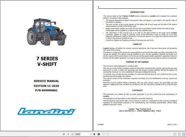 Landini Tractor 7 145 7 165 7 175 V SHIFT Service Manual 6640068A1 EN 1
