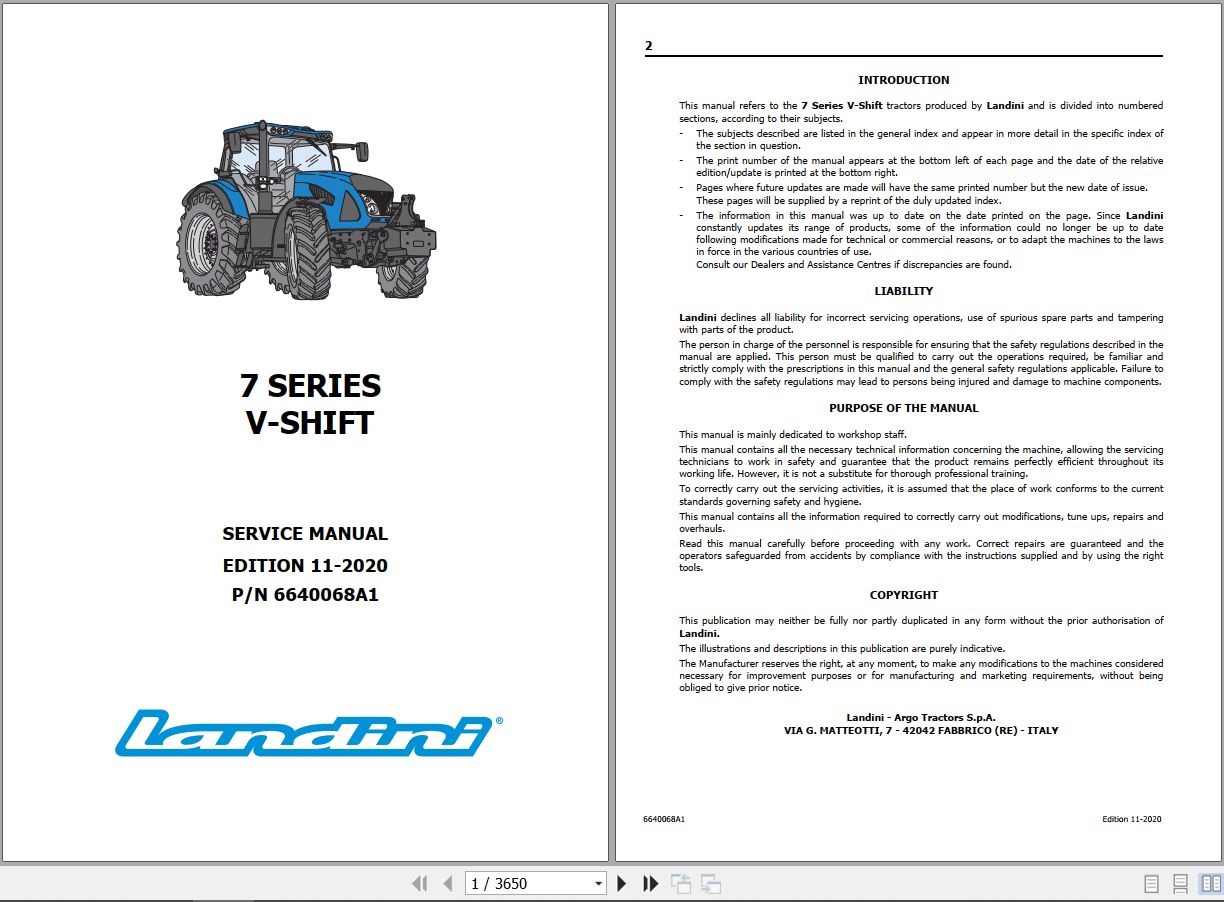 Landini Tractor 7 145 7 165 7 175 V SHIFT Service Manual 6640068A1 EN 1