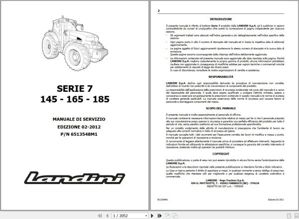 Landini Tractor 7 145 7 165 7 185 Service Manual 6513548M1 IT 1