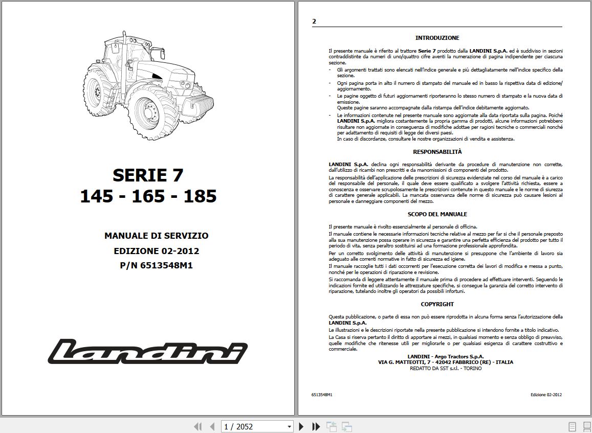 Landini Tractor 7 145 7 165 7 185 Service Manual 6513548M1 IT 1