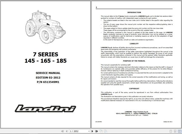 Landini Tractor 7 145 7 165 7 185 Service Manual 6513549M1 EN 1