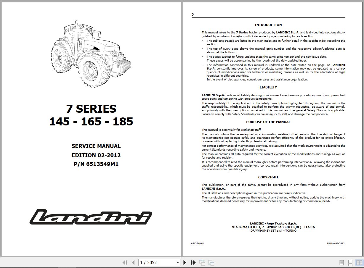 Landini Tractor 7 145 7 165 7 185 Service Manual 6513549M1 EN 1