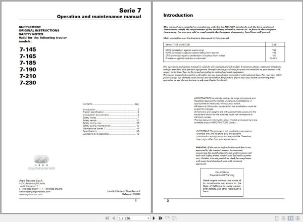 Landini Tractor 7 145 to 7 230 Operators Maintenance Manual 6501405M1 EN 1