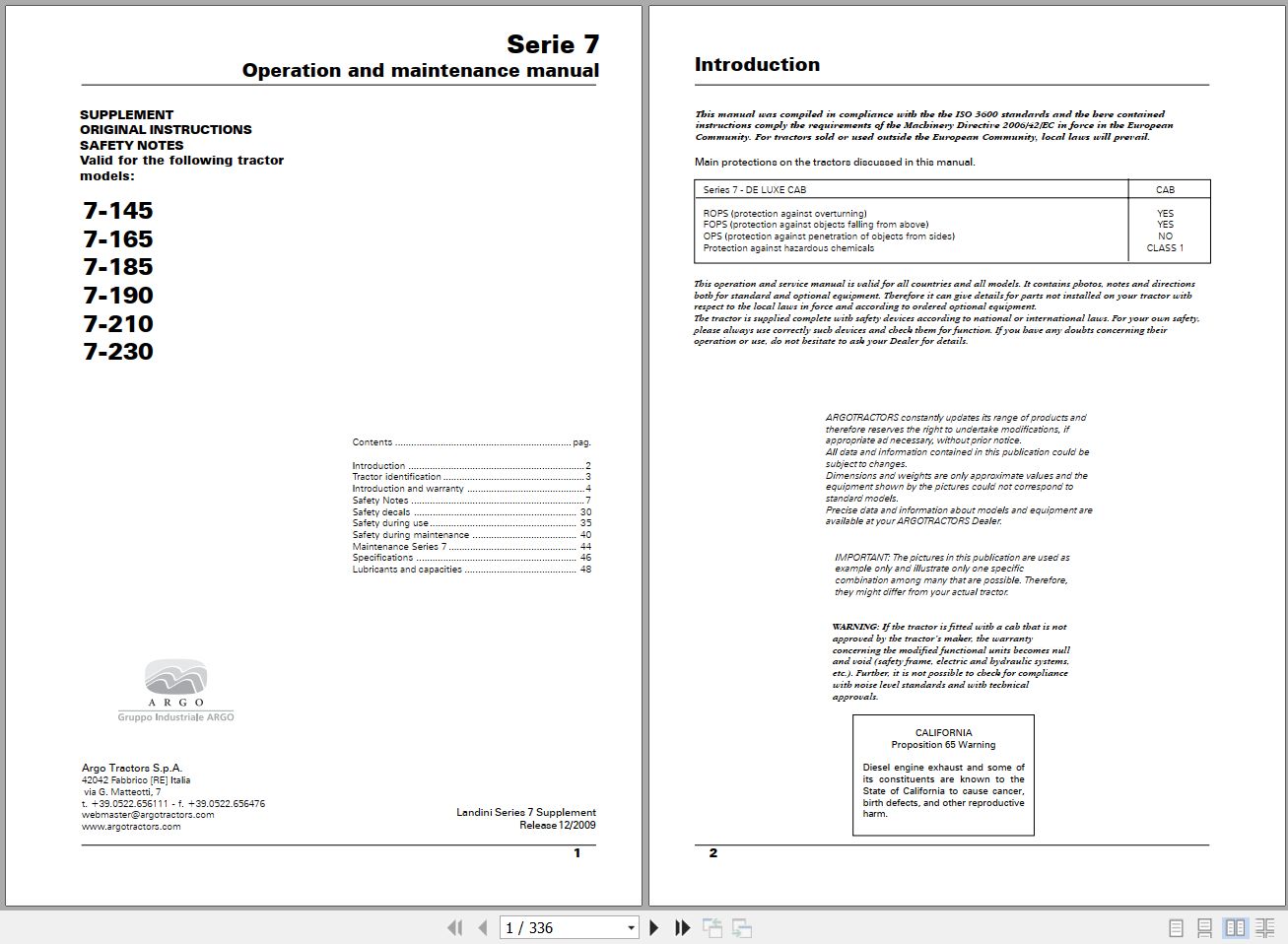 Landini Tractor 7 145 to 7 230 Operators Maintenance Manual 6501405M1 EN 1
