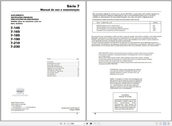 Landini Tractor 7 145 to 7 230 Operators Maintenance Manual 6501414M1 PT 1