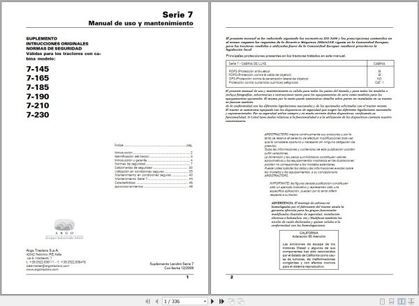 Landini Tractor 7 145 to 7 230 Operators Maintenance Manual 6501415M1 ES 1