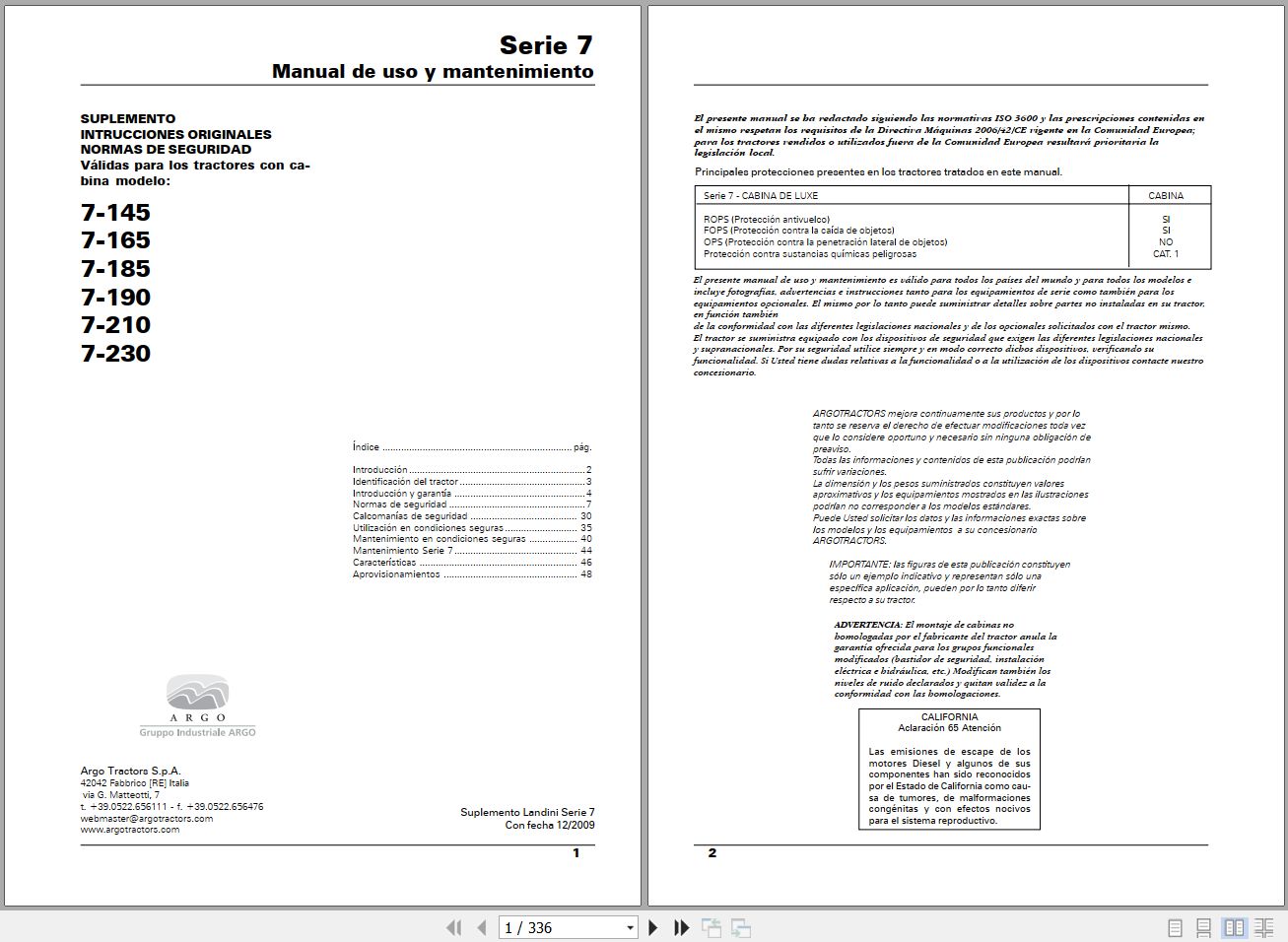 Landini Tractor 7 145 to 7 230 Operators Maintenance Manual 6501415M1 ES 1