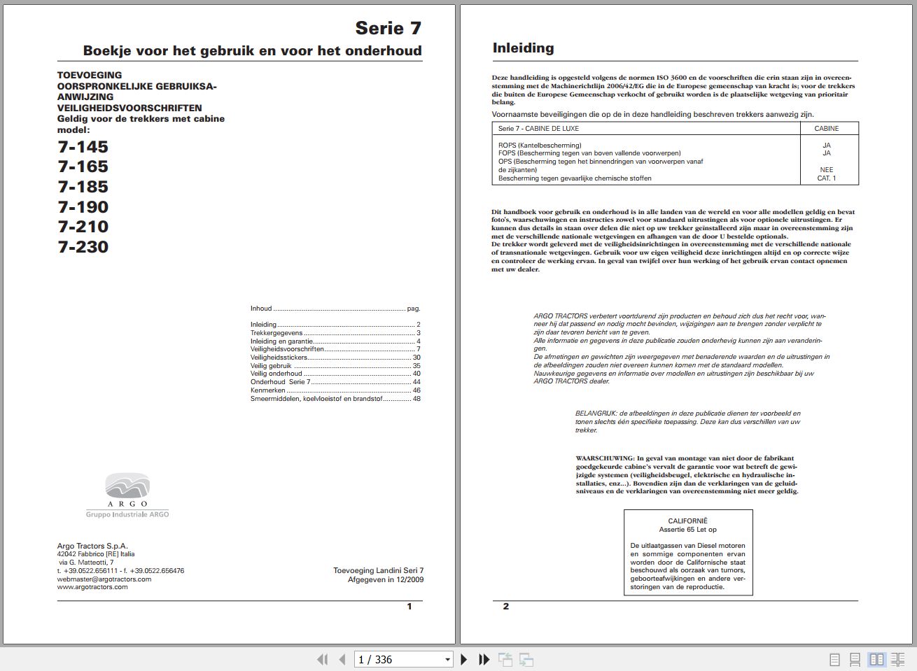 Landini Tractor 7 145 to 7 230 Operators Maintenance Manual 6510661M1 NL 1