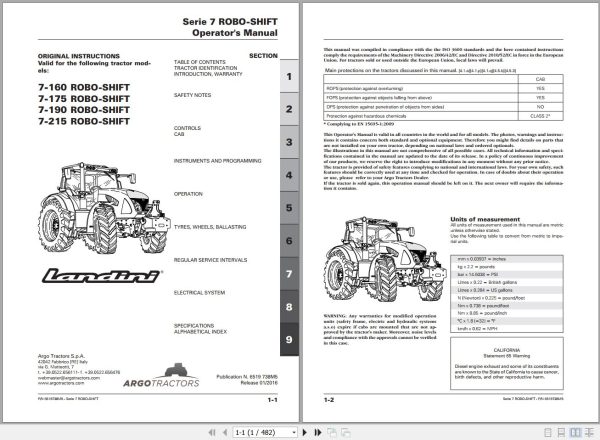Landini Tractor 7 160 to 7 215 ROBO SHIFT Operators Maintenance Manual 6519738M5 EN 1