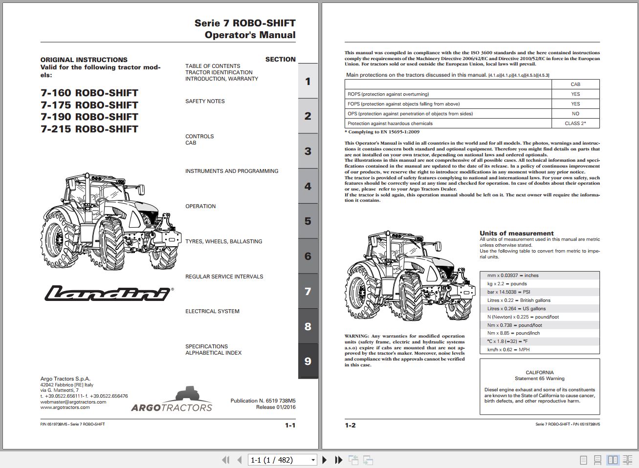 Landini Tractor 7 160 to 7 215 ROBO SHIFT Operators Maintenance Manual 6519738M5 EN 1
