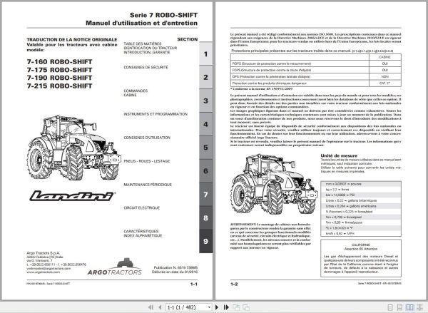 Landini Tractor 7 160 to 7 215 ROBO SHIFT Operators Maintenance Manual 6519739M5 FR 1