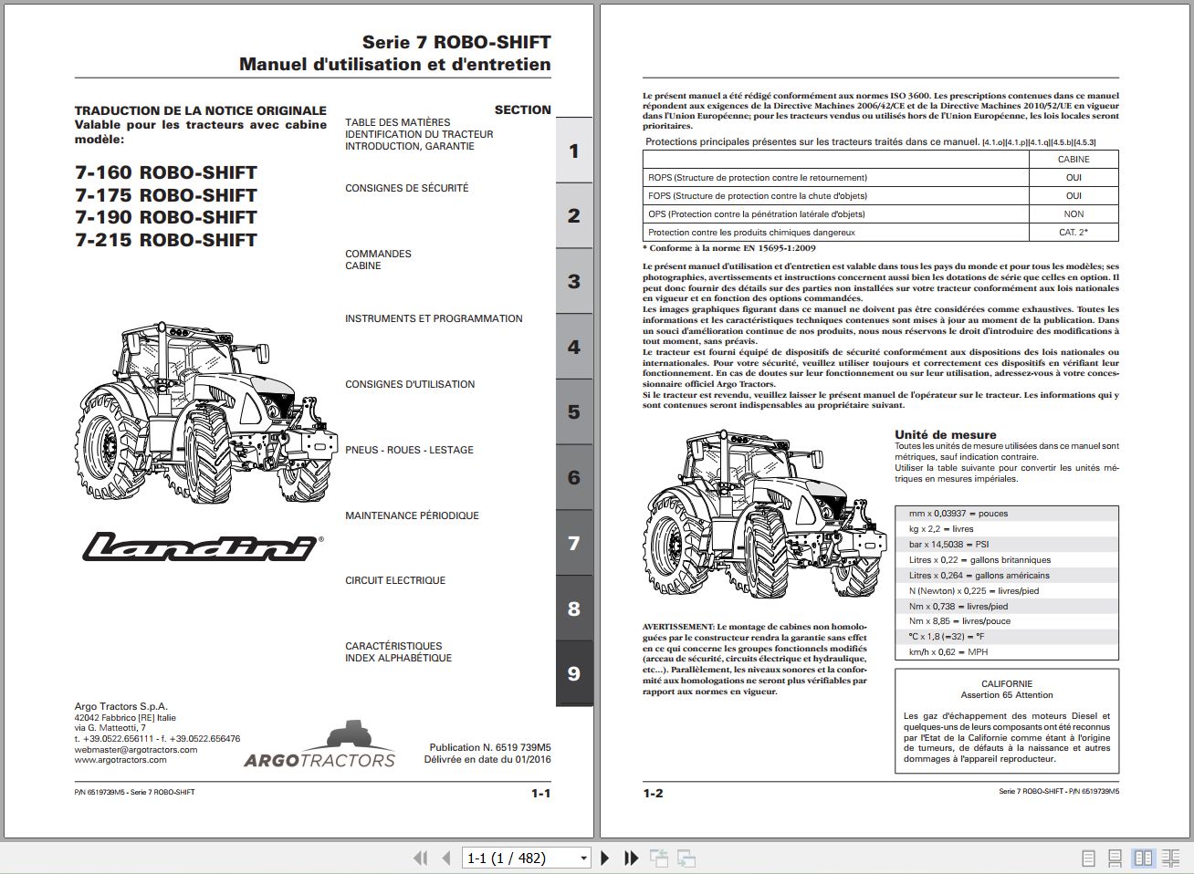 Landini Tractor 7 160 to 7 215 ROBO SHIFT Operators Maintenance Manual 6519739M5 FR 1