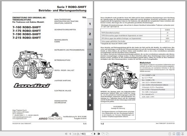 Landini Tractor 7 160 to 7 215 ROBO SHIFT Operators Maintenance Manual 6519741M5 DE 1