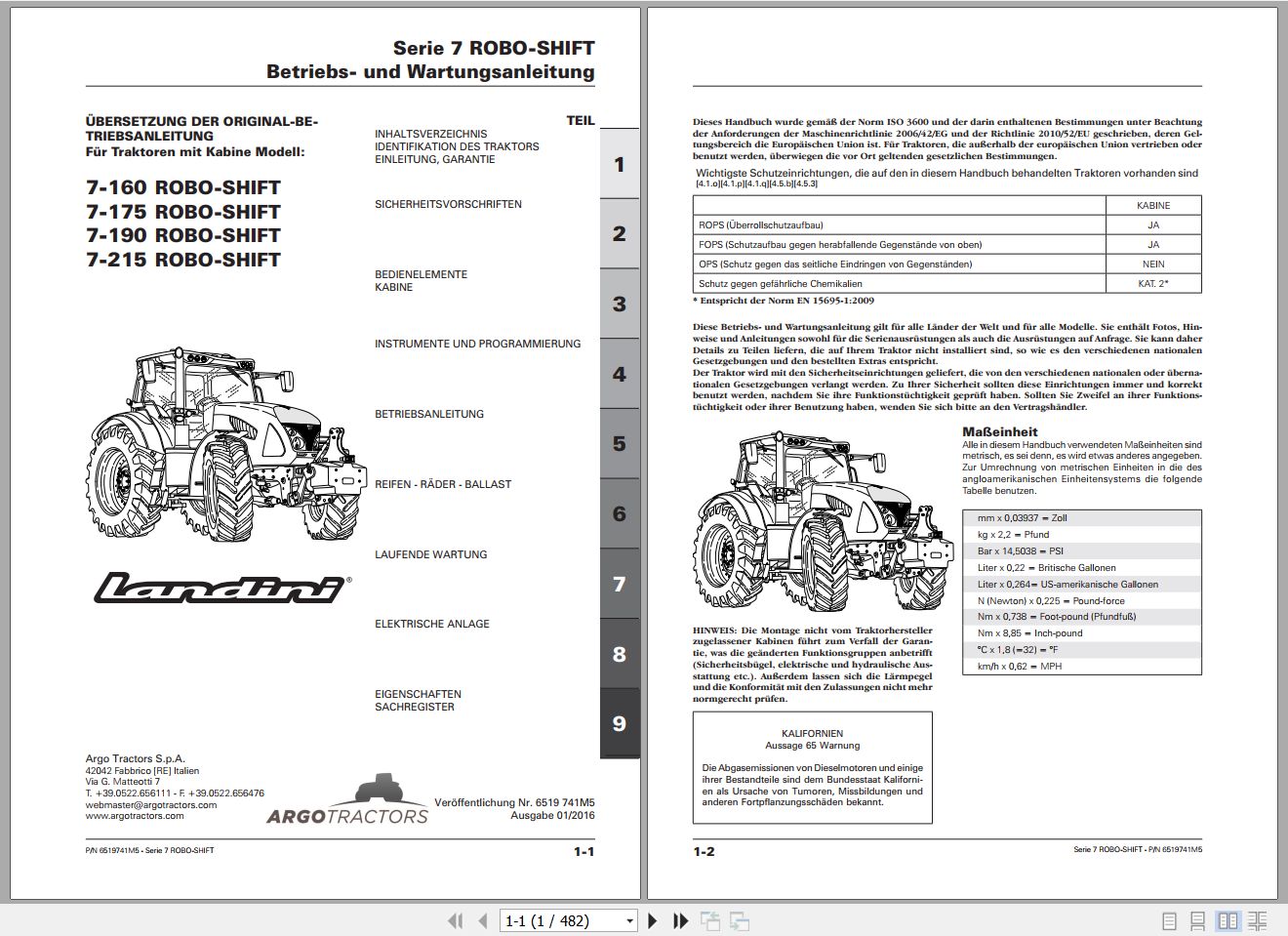 Landini Tractor 7 160 to 7 215 ROBO SHIFT Operators Maintenance Manual 6519741M5 DE 1