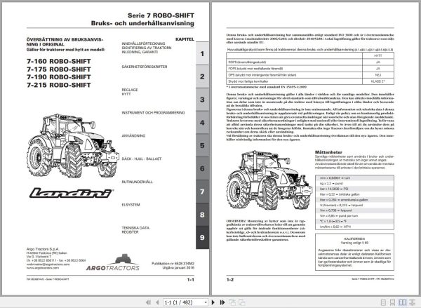 Landini Tractor 7 160 to 7 215 ROBO SHIFT Operators Maintenance Manual 6528374M2 SV 1