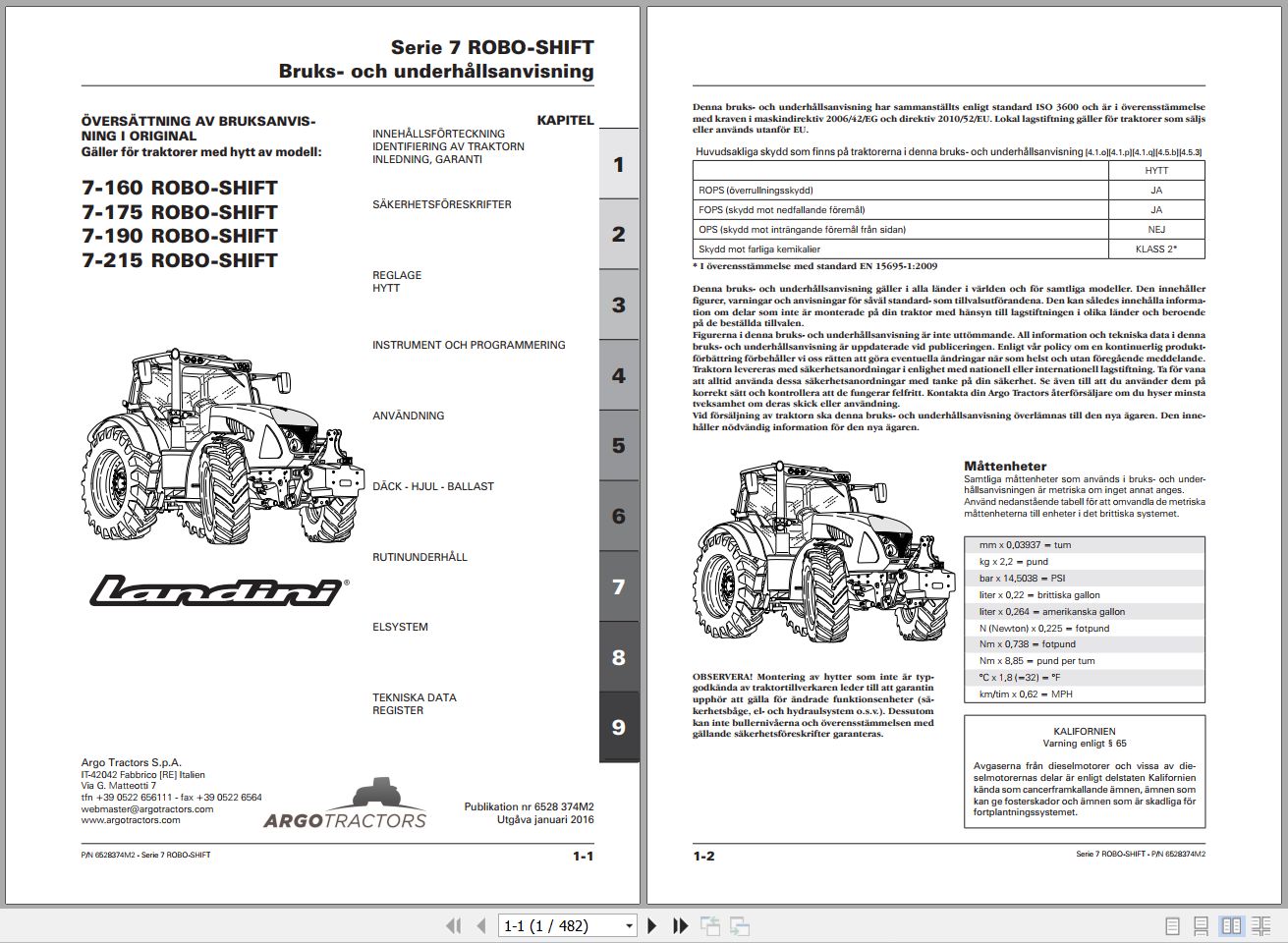 Landini Tractor 7 160 to 7 215 ROBO SHIFT Operators Maintenance Manual 6528374M2 SV 1