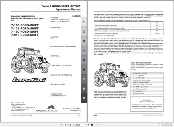 Landini Tractor 7 160 to 7 215 ROBO SHIFT Operators Maintenance Manual 6614644A1 EN 1