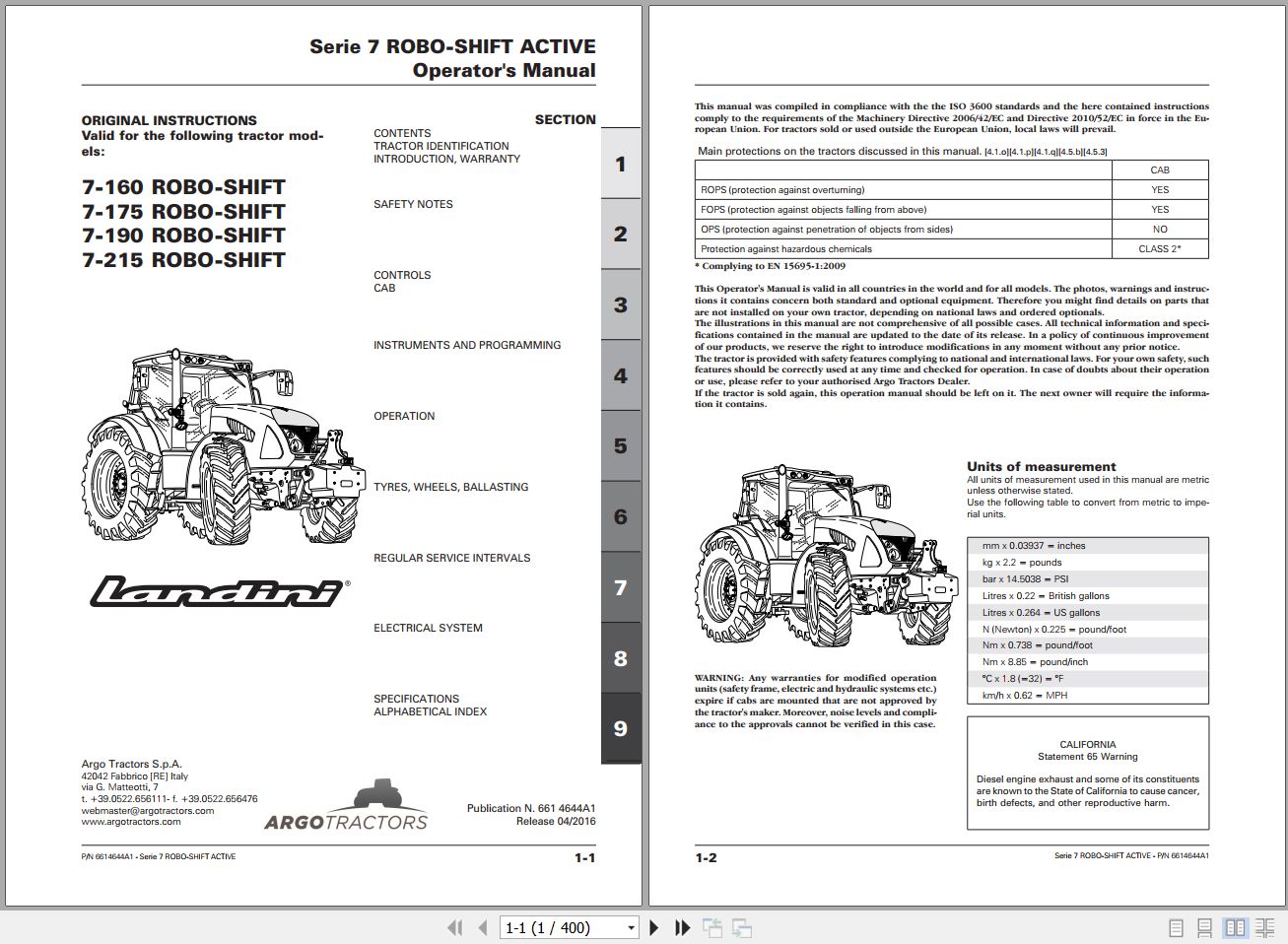 Landini Tractor 7 160 to 7 215 ROBO SHIFT Operators Maintenance Manual 6614644A1 EN 1