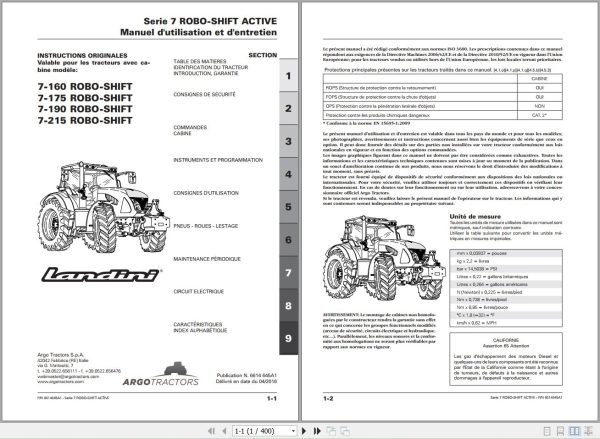 Landini Tractor 7 160 to 7 215 ROBO SHIFT Operators Maintenance Manual 6614645A1 FR 1
